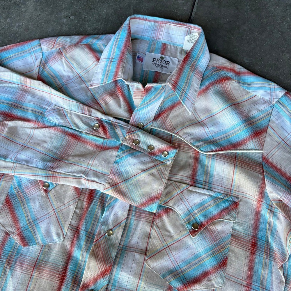 Vintage Prior Westerns Pearl Snap Shirt Men's 16-33 Blue Red Plaid Cowboy Rodeo